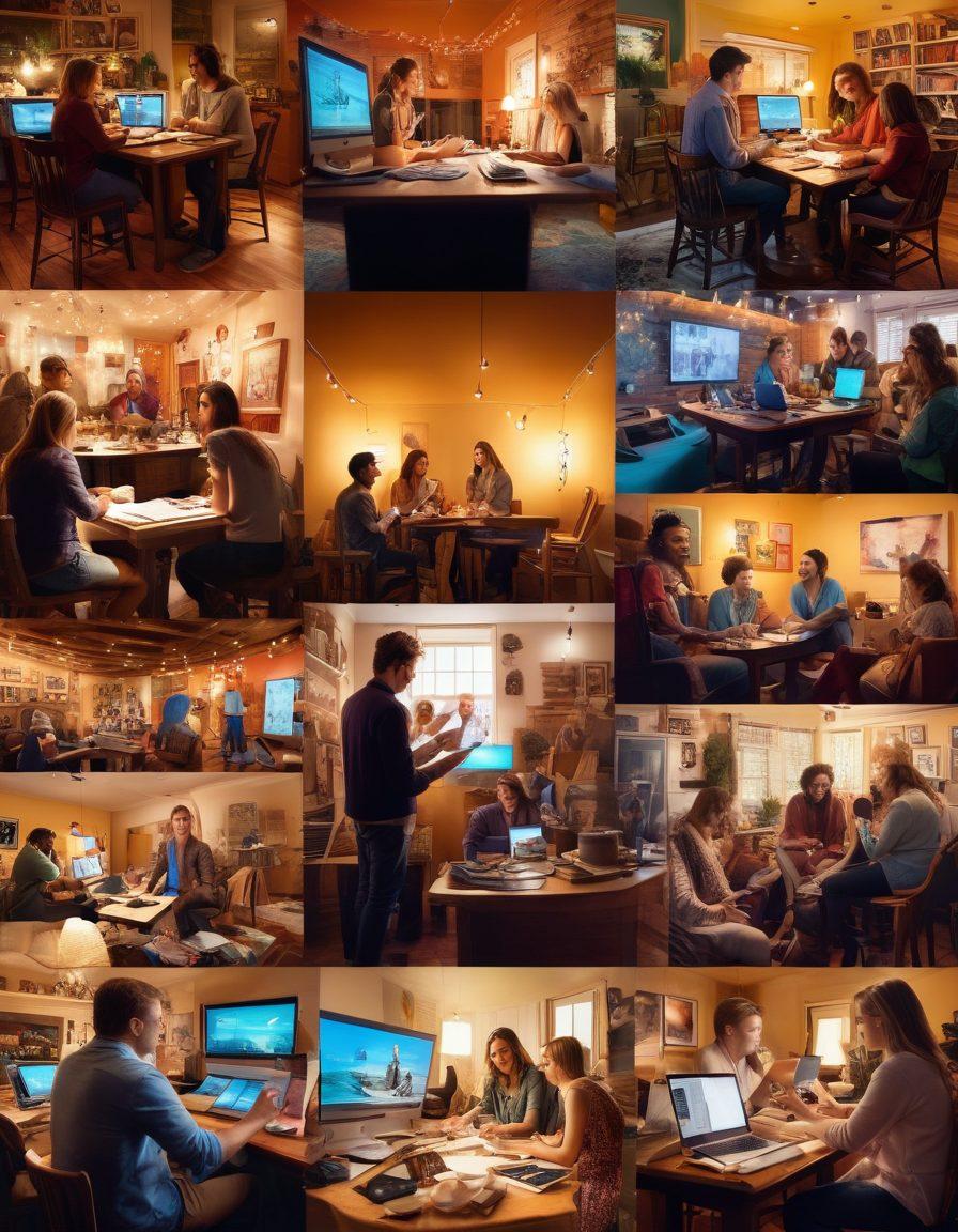 A vibrant collage depicting a diverse group of fans passionately engaging in various activities, such as writing, creating art, and sharing personal stories. Include elements like computers, sketches, musical instruments, and a cozy gathering space filled with laughter and connection. The atmosphere should feel inviting and inspiring, showcasing the bond within the community. super-realistic. vibrant colors. warm light.