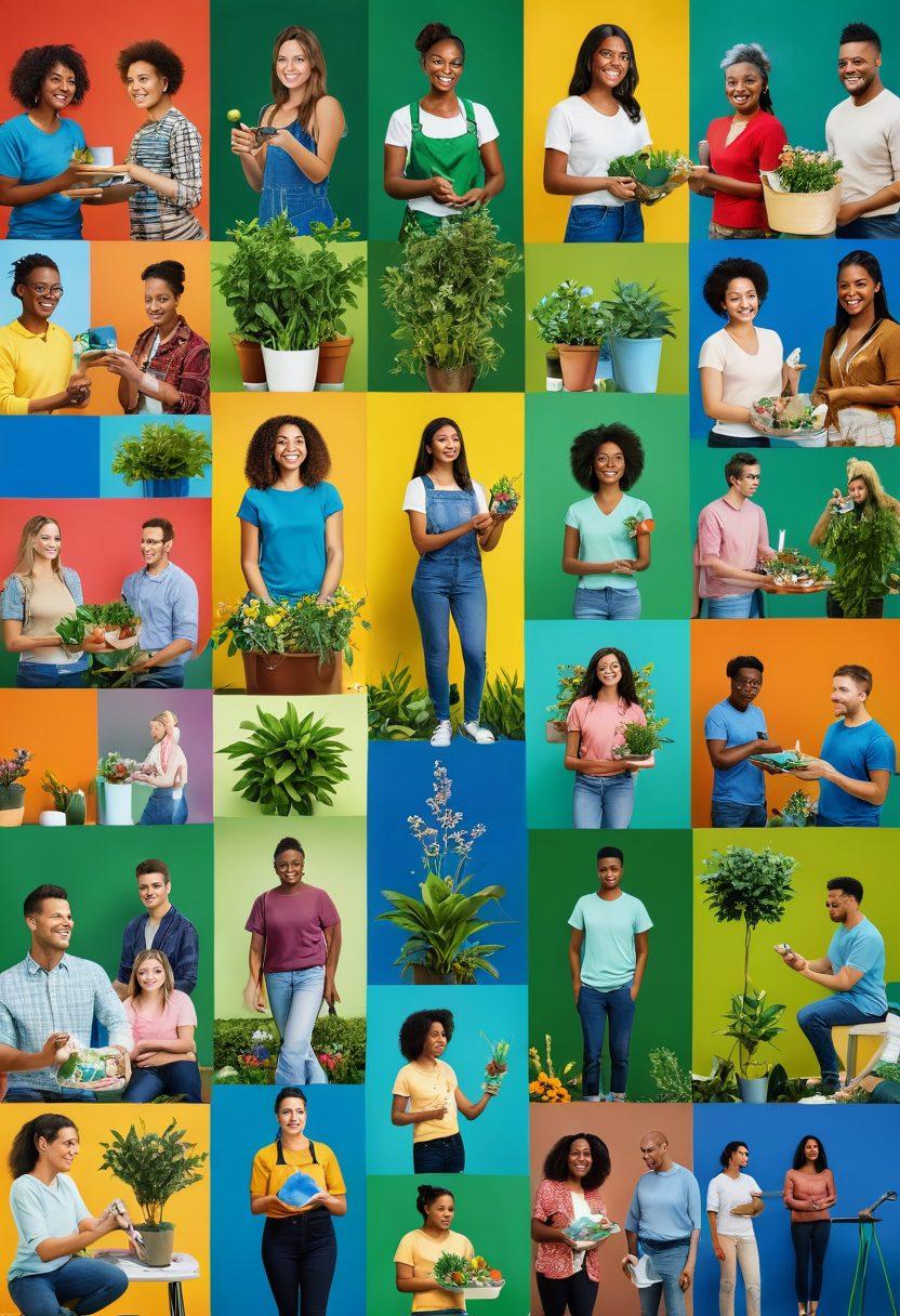 A vibrant collage depicting diverse community members engaging in various hobbies, such as painting, gardening, and photography, while showcasing their user-generated content on screens. Incorporate elements like colorful posters, social media icons, and smiles to emphasize connection and creativity. The background should reflect a lively community space, filled with greenery and art installations. super-realistic. vibrant colors. 3D.
