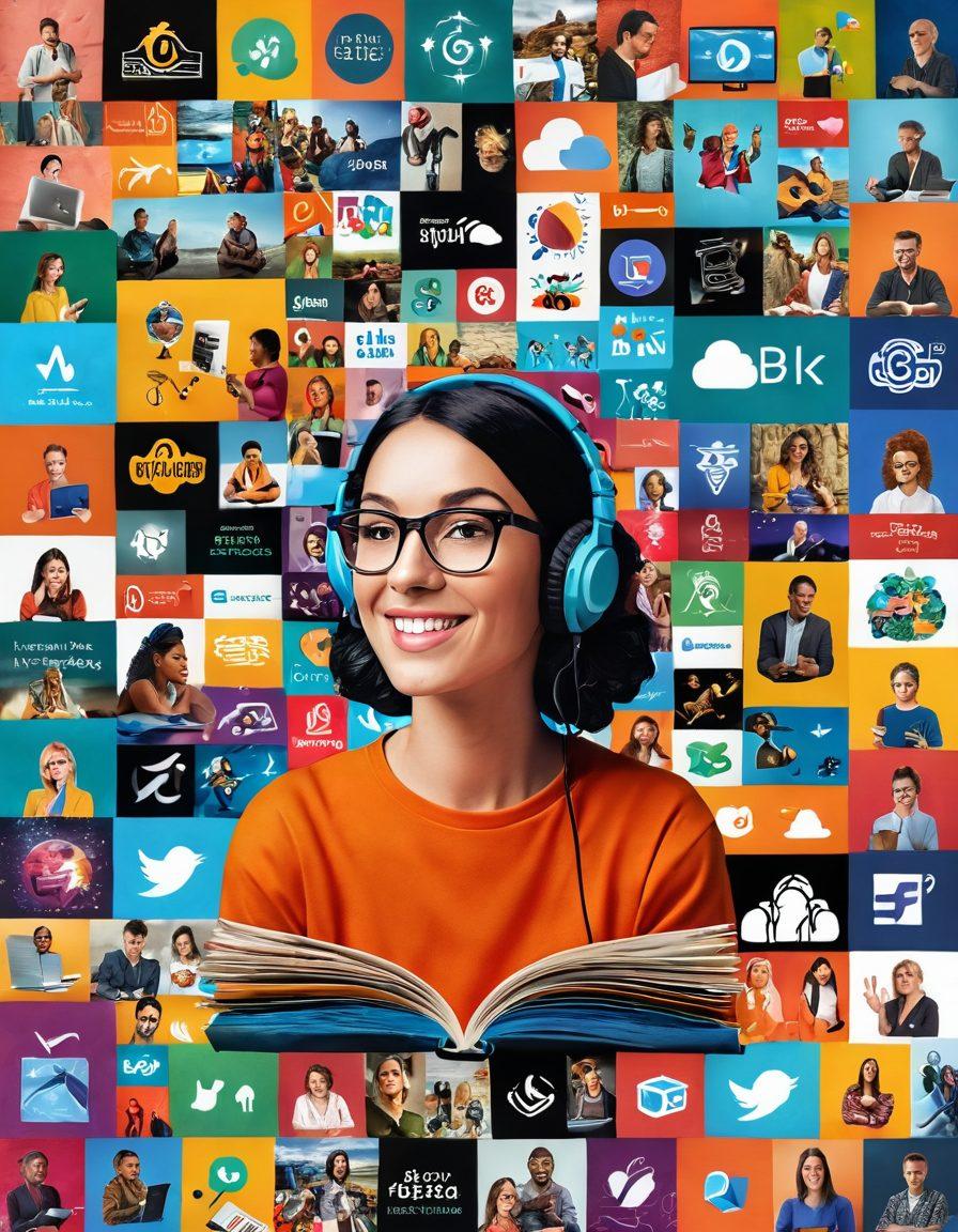 A vibrant and engaging collage featuring a storyteller surrounded by captivated listeners, with floating icons of various digital content formats (blogs, podcasts, videos). The background showcases a colorful landscape illustrating different media platforms, blending creativity and connection. Bright and inviting colors to highlight the theme of engagement and storytelling. super-realistic. vibrant colors. 3D.